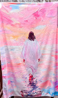 Pink Jesus walking on water fleece blanket