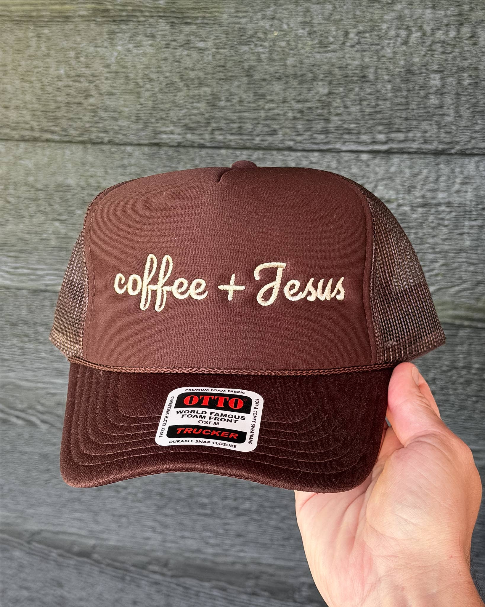 Coffee + Jesus Embroidered Trucker Hat | Faith Hat