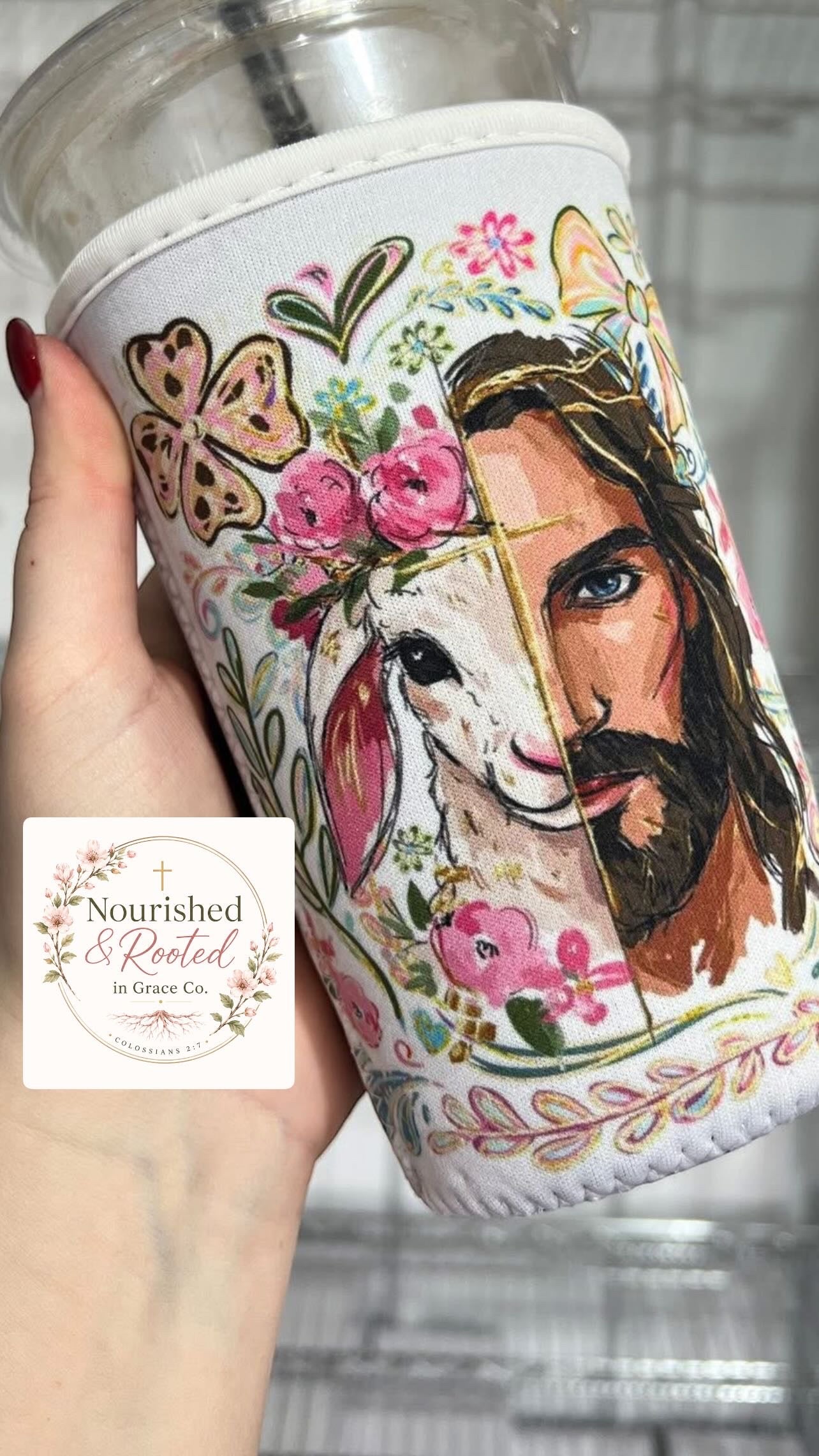 32 oz koozie Jesus and the lamb