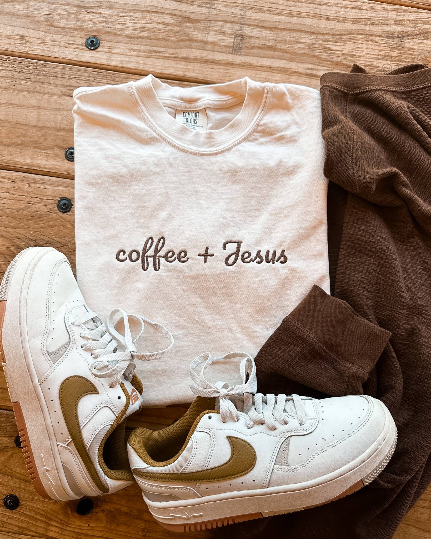 Coffee + Jesus Embroidered Tee | Neutral